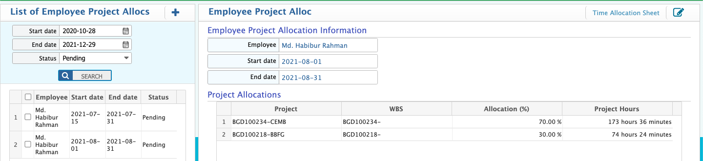 Timesheet Allocation List
